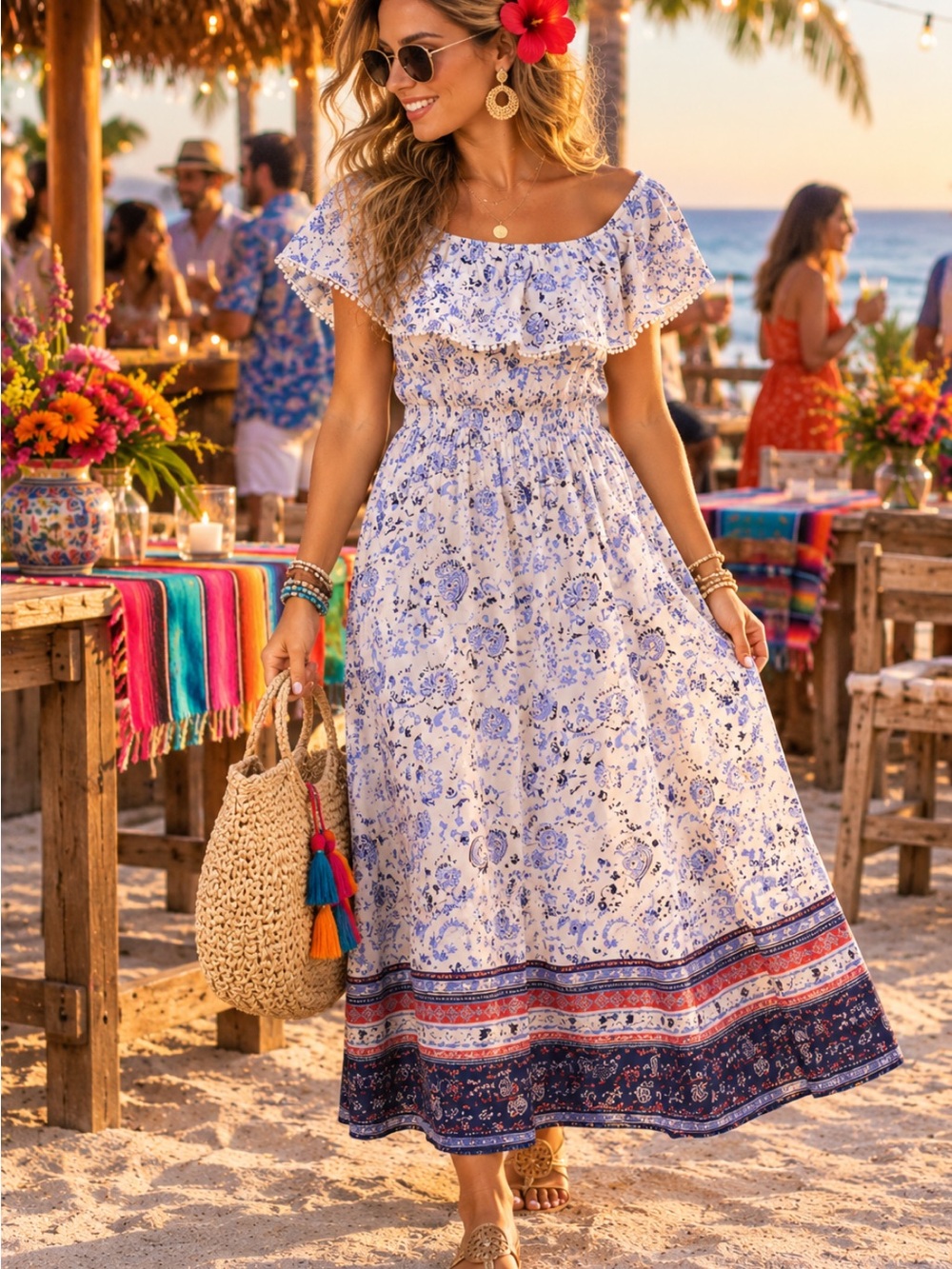 Faded Glory White and Blue Floral Off-Shoulder Maxi Dress